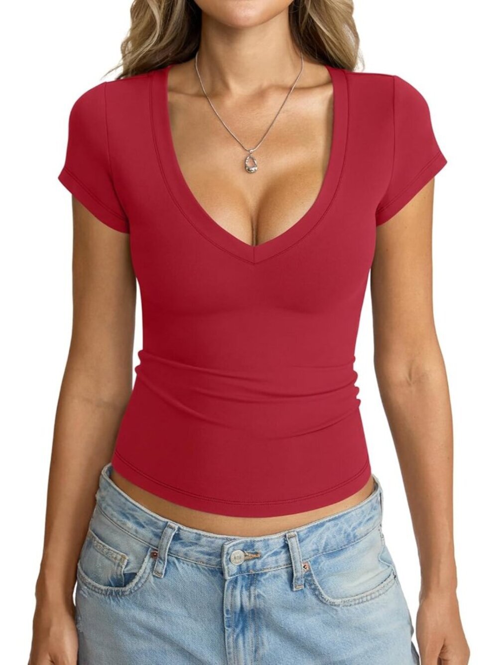 Women's Red V Neck Short Sleeve Sexy Slim Fit Crop Tops Basic Tee Shirts